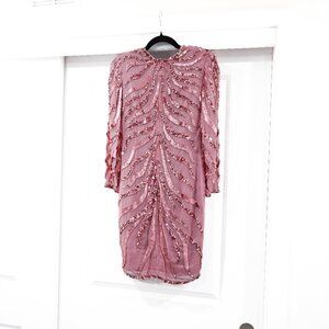Vintage AJ Bari Size 2 Petite 100% Silk Sequin Barbiecore Pink Long Sleeve Dress